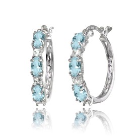 Green Aquamarine Earrings for Women Sterling Silver Hoops Princess-cut White Topaz & Oval Simulated Aqua Hoop Earring for Bridesmaids Fashion Trendy