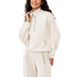 ODODOS Women's Modal Soft Cinchable Sweatshirts Half Zipper Funnel Neck Oversize Pullover with Pockets, Ivory, X-Small
