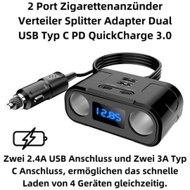 L12CS 12V/24V Car Charger - 2-Port USB Type C PD 22W, 2 USB Ports, LED Car Phone Charger Adapter with QuickCharge 3.0 and Voltmeter