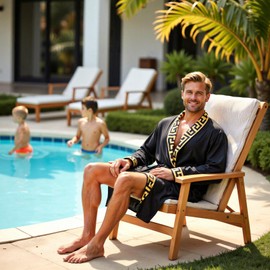 N&D Eyong Men's Luxurious Silk Bathrobes Long Sleeve Satin Kimono Robe with Shorts Sleepwear Set Printed Bathrobes (Medium)