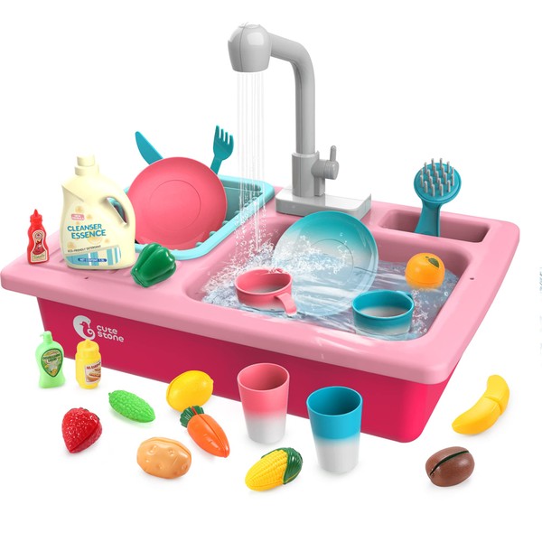 CUTE STONE Color Changing Play Kitchen Sink Toys, Children Electric Dishwasher Playing Toy with Running Water,Upgraded Real Faucet and Play Dishes,Pretend Play Kitchen Toys for Kids Boys Girls