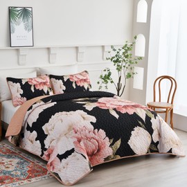 Mybedsoul Black Quilt Set, 3-Piece Floral Bedspread Queen Size, Flower Coverlet Set Microfiber Lightweight Bedspread Reversible Bedding for All Season (Queen 90"x96")