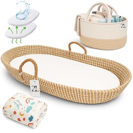 Seagrass Moses Basket by ZEAL'N LIFE, Moses Baskets for Newborn, Baby Changing Basket with Baby Towel, Washable Waterproof Pad Covers & Diaper Caddy