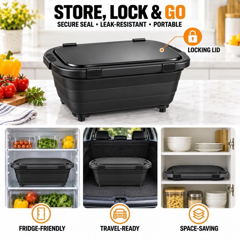 XL Collapsible BBQ Prep Tub with Locking Lid and Cutting