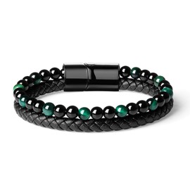 Adorashine Men's Braided Leather Bracelet, Black Stainless Steel Cuff Wristband, Adjustable Biker Style Gift for Men (Green Beads)