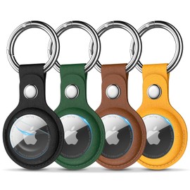 R-fun Airtag Holder with Keychain and Protector, [4 Pack] Protective PU Leather AirTag case Cover with Key Rings and Lock for Wallet, Dog Collar, Luggage, and Keys.-Black/Green/Brown/Yellow