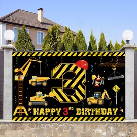 LOONELO - Banner temático de construcción para fiesta de 3er cumpleaños, telón de fondo de fotografía, decoración de fondo de camión volquete, excavadora de grúa amarilla y negra, cartel de 3 años