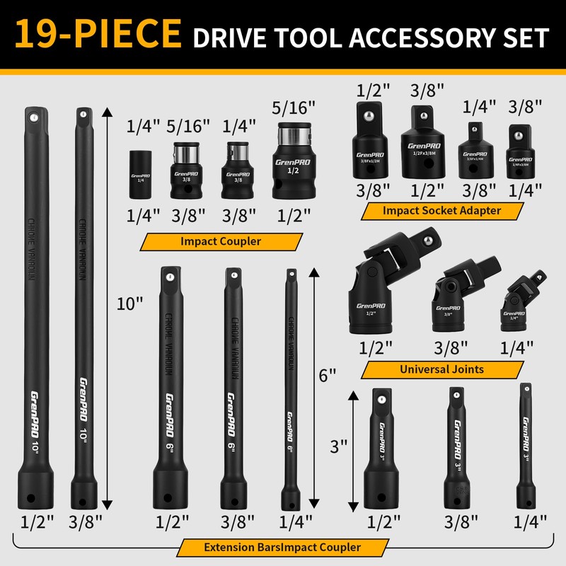 GRENPRO Impact Socket Extension Set 19-Piece 50BV30, Socket Extension Bar,
