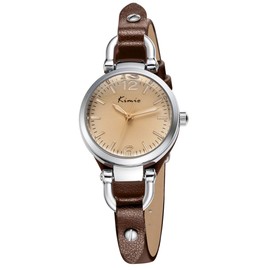 Alienwork Kimio Women's Watch Small Slim Leather Strap, Silver/Brown/Leather Strap Brown, Strap.