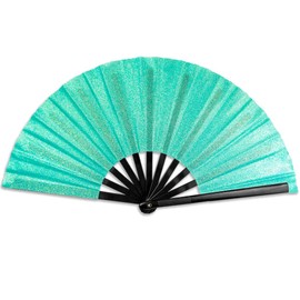 H&G Studio Glitter Mermaid Green X-Large Hand Fan - Foldable Clacking Fan for Raves, Parties, Events, Parades - Indoor and Outdoor Use