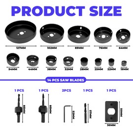 19-Piece Hole Saw Set, Circular Saw Set, Circular Saw Set with Hex Wrench, Rod, Mounting Plate and Drill, 13 Saw Blades 19 mm - 127 mm, Inserts, 1 Screwdriver