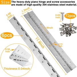 LOSYHU 6 Pack 12 Inch Piano Hinge, 1.2" Open Width Stainless Steel Continuous Hinge with Holes Heavy Duty Furniture Hinges for Cabinet Door Boats Storage Box Woodworking, Silver