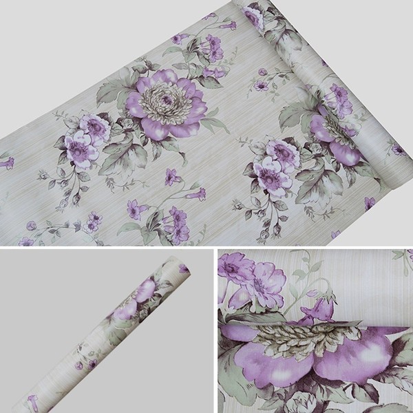 Yifely Vintage Purple Peony Self-Adhesive Kitchen Shelf Drawer Liner Moisture Proof PVC Mat 45x300cm