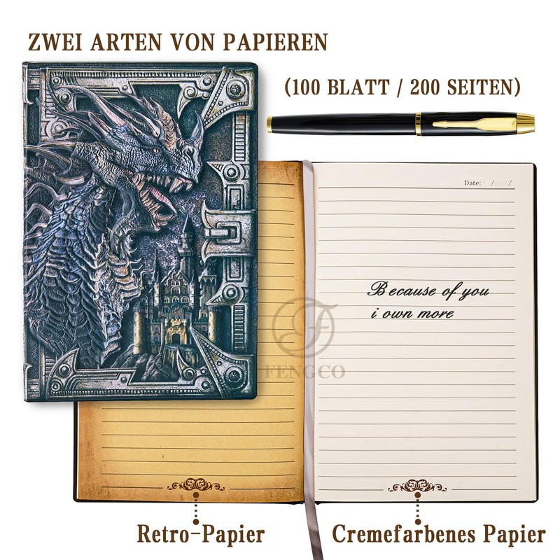 3D Dragon Vintage Diary + Pen Set, A5 Lined Notebook,