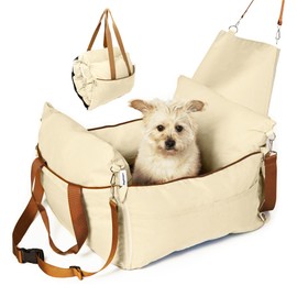 TINYBEAST Foldable Dog Car Seat for Small Medium Dogs, Waterproof Dog Booster Seat with Backrest Protector, Portable Washable with Storage Pockets and Clip-On Leash, Car Travel Carrier Bed, Beige