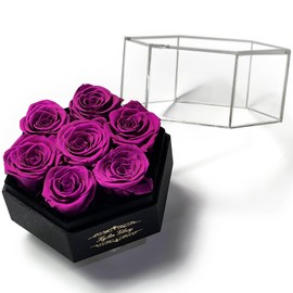 Kylin Glory Preserved Roses with Hexagon Acrylic Cover - 7 Piece Forever Flowers, Visible Freshness, Perfect for Mothers & Valentines Day Gifts (Purple)