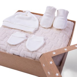 Birth Gift Set - Swaddling Blanket, Hat, Scratch Mittens and Socks for Newborn Baby - Gift for Parents and Pregnancy, Gift Box, First Equipment (Beige)