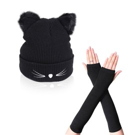 SKHAOVS 2 Pieces Thermal Suit Cat Ears Beanie Hat with Long Fingerless Gloves Cat Hat Cute Gift for Cat Lovers Winter Warm Knitted Hat Cat Gifts for Girls, black