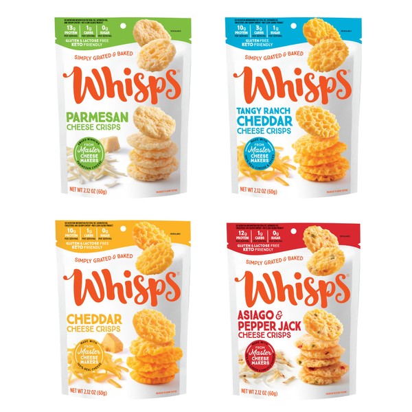 Whisps Cheese Crisps Variety Pack | Protein Chips | Healthy Snacks | Protein Snacks, Gluten Free, High Protein, Low Carb Keto Food | Parmesan, Cheddar, Asiago Pepper Jack, Ranch (2.12 Oz, 4 Pack)
