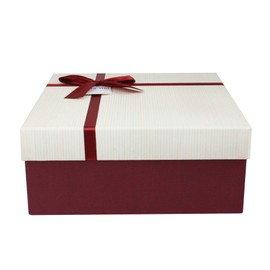 Emartbuy Gift Box, 23.5 x 23.5 x 10 cm, Burgundy Box with Cream Lid and Satin Decorative Ribbon