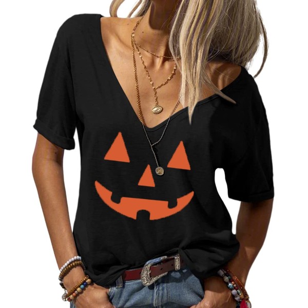 Danedvi Women Halloween T-Shirt Deep V-Neck Short Sleeves Pumpkin Face