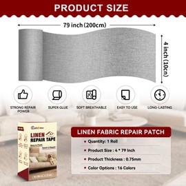 Linen Repair Tape 4x79 inch, Self Adhesive Linen Fabric Patches, Linen Fabric Patch Tape Kit, Fabric Repair Tape for Linen Sofas, Headboards, Chairs, Pillows, Curtains - Medium Grey