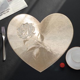 Hosoncovy Rose Heart Placemats Set of 4 Table Mats Set Washable PVC Non-Slip Heat Resistant Table Place Mats Dinner Mats Meal Mat for Kitchen and Dining Room for Wedding (Gold)