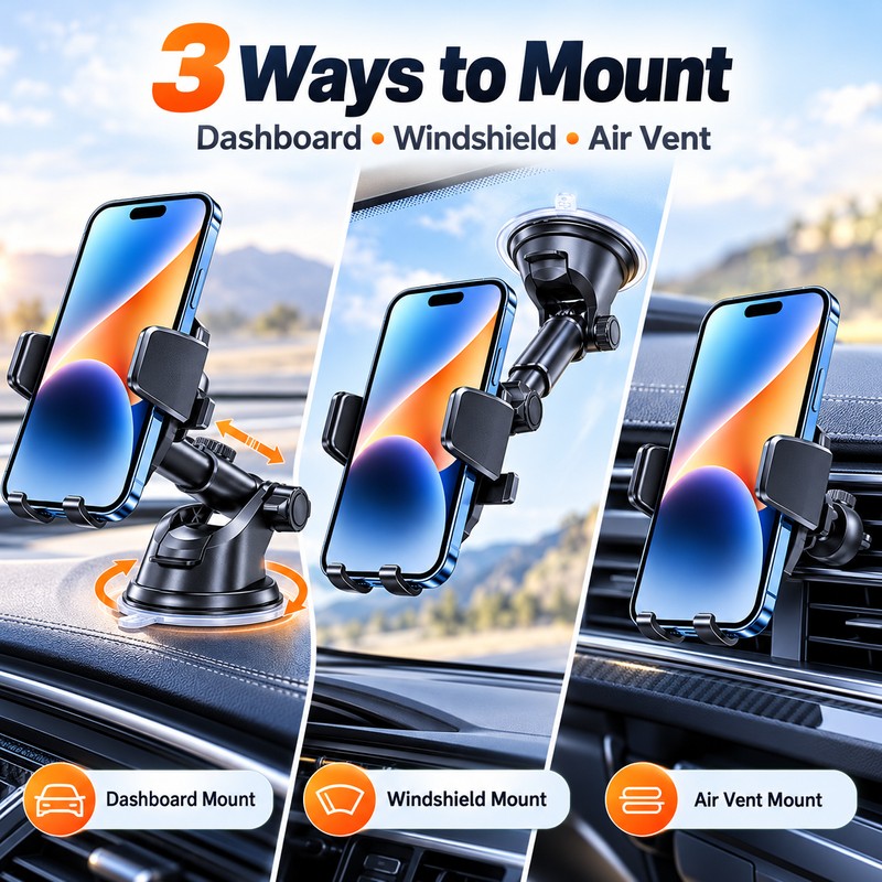 Car Phone Mount for Dashboard, Windshield & Air Vent, Telescopic