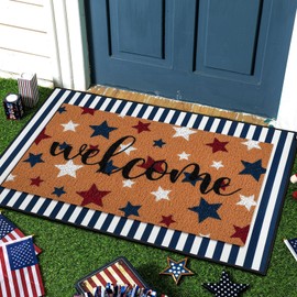 Tinideya 2 Pcs 4th of July Door Mat Patriotic Welcome Non Slip Coir Mats Red Blue White Independence Day Star Stripe Floor Layering Doormats Seasonal for Front Porch Entryway Decor(Patriotic)
