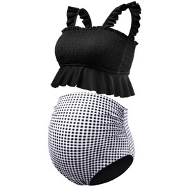 GINKANA Maternity Two Pieces Bikini Set High Waist Bathing Suits Set Swimwear Ruffle Trim Straps Pregnancy Suits Swimwear Beachwear,Black White Plaid,L