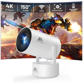 [Built-in Battery] Mini Projector with Wifi and Bluetooth, Rechargeable Portable Outdoor Smart Projector with Support 4K Decoding, Electric Focus Home Theater for Phone, White