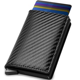 Tarjetero de Cuero para Hombre, Carteras para Hombre RFID que Bloquean el Dinero Clip de Doble Pliegue Delgado, Capacidad para 6 Tarjetas de Crédito (Fibra Carbono Negra)