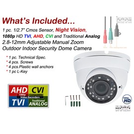 Evertech 4in1 High Definition HD 1080P Night Vision Manual Zoom Outdoor Indoor Security Camera Dome, Compatible with; 1080P AHD TVI CVI and Traditional Analog DVRs (Default 1080P AHD Mode)