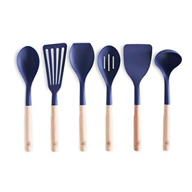 GreenLife Cooking Tools and Utensils, 7 Piece Nylon and Wood Kitchen Set with Ceramic Crock Holder, Heat Resistant Spatula and Spoons, BPA-Free, Blue