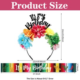 Hoteam 2 Pcs It's My Birthday Headband and Sash Mexican Flower Birthday Crowns Cinco de Mayo Satin Sash Fiesta Birthday Tiara Crown for Women
