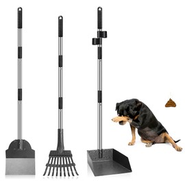 LUFFWELL Dog Pooper Scooper, Adjustable Handle Poop Scooper with Tray,Rake and Spade Set of 3, Steel Stainless Poop Scoop for Small Medium Dogs and Pet Waste on Grass, Dirt and Gravel (Medium Size)
