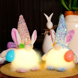 Easter Decorations Gift, Lighted Up Easter Gnomes Couple Plush Doll Easter Bunny Gnome with LED Light, 2 PCS Furry Tabletop Bunny Rabbit Decor