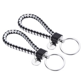 PATIKIL Braided Leather Keychain with Stainless Steel Key Ring Sleeve, 2 Pack PU Woven Wristlet Lanyard Strap Fob Keyring Holder for Car Bag Wallet Pendant, Black Silver