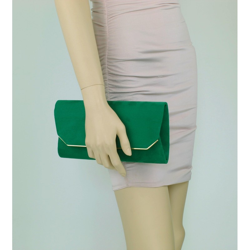 Girly Handbags Ladies Plain Faux Suede Clutch Bag, Green