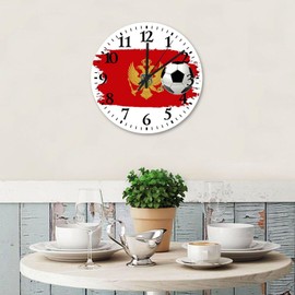 Silent Wall Clock Silent Non-Ticking Large Numbers Battery Operated Football Theme Montenegro Retro Wood Clocks Man Athlete Lovers Wooden Wall Decor for Study Room Bedroom Cabin 15 Inch