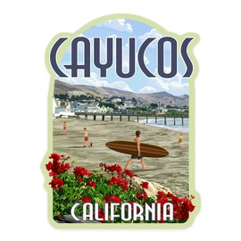 Die Cut Sticker Cayucos, California, Beach and Pier Scene, Contour Vinyl Sticker 3 to 6 inches, (Waterproof Decal for Cars, Water Bottles, Laptops, Coolers), Large