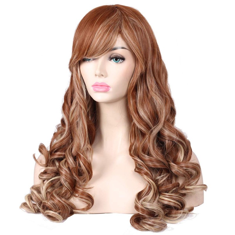 ColorGround Long Curly Multi-Color Cosplay Wig with 2 Ponytails(Brown with