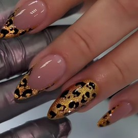 Vopintpy Gold Leopard Print French Tip Press on Nails Long Almond Fake Nails Glossy Acrylic Glue on Nails Artificial Full Cover Stick on Nails for Women DIY Charm Manicure