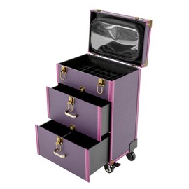 HAPPCUCOE 3 Tiers Rolling Makeup Case Makeup Trolley Case Jewelry Cosmetic Train Case Storage Cosmetic 4 Wheels with Lock Drawer Purple (Purple)