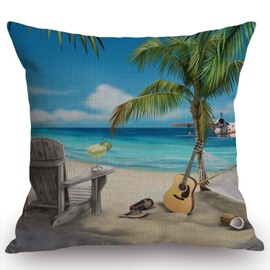 Swono Island Animals Animated Paradise Island Guitar on The Beach Cotton Linen Throw Pillow Case Home Decorative Cushion Cover for Sofa Couch Bedding 18x18 Inches