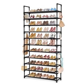 LANTEFUL 11 Tiers Tall Shoe Rack Holds 55 Pairs of Shoes with 18pcs Hooks Sturdy Wide Shoe Organizer Storage Free Standing Metal Shoe Shelf for Closet, Entryway Black