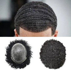 Afro Mens Toupee for Black Men Hair Unit for African American Men PU Injected Man Wave Mens Toupee Brazilian Human Hair Replacement System Afro Hair Unit for Men 8MM-afro wave1# Jet Black