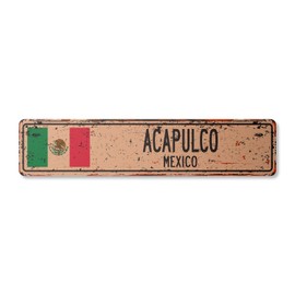 Acapulco Mexico Vintage Aluminum Street Sign Mexican Flag City Country Road Rustic Metal tin Wall Gift | Indoor/Outdoor | 30" Wide