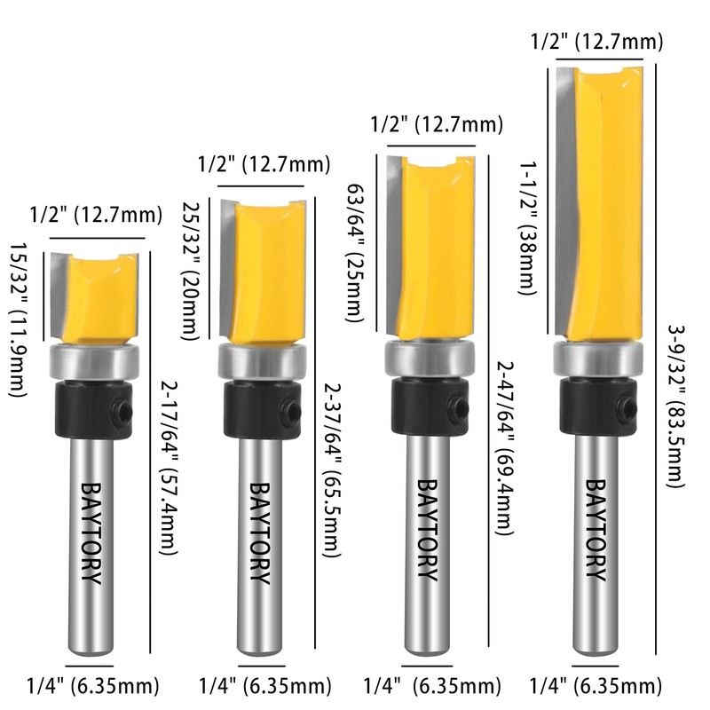 BAYTORY Professional Pattern Flush Trim Router Bit Set with 1/4