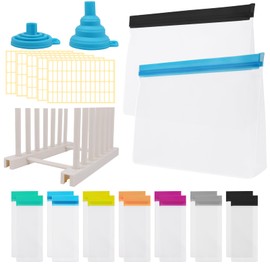 24pcs Protein Powder Travel Container Set, Reusable Powder Supplement Container To Go-14 Single Dose Bags, 2pc Large Travel Containers Zip Up Bags, 5pcs Label Stickers, 2pcs Funnels and Drying Rack